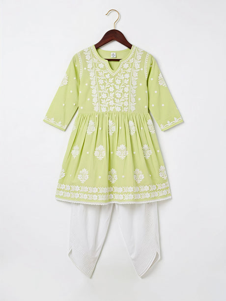Girls' Lime Green Chikankari Embroidered Dhoti Set ()