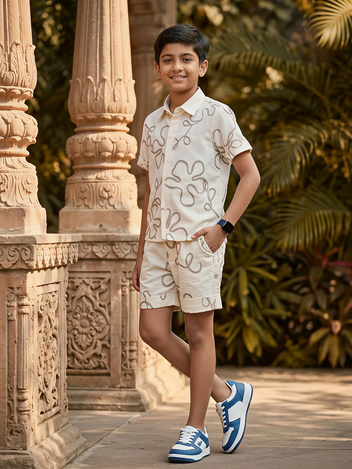 Boys Cream Abstract Print Cotton Co-ord Set.