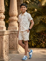 Boys Cream Abstract Print Cotton Co-ord Set.
