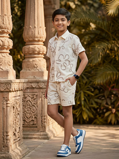 Boys Cream Abstract Print Cotton Co-ord Set.