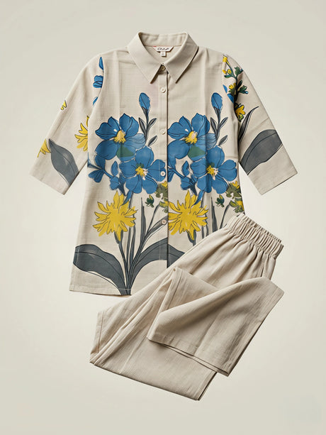 Girls Blue Floral Printed Kurta and Palazzo Set