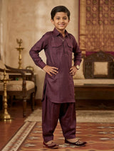 Boys Elegant Purple Textured Pathani Kurta with Pajama Set