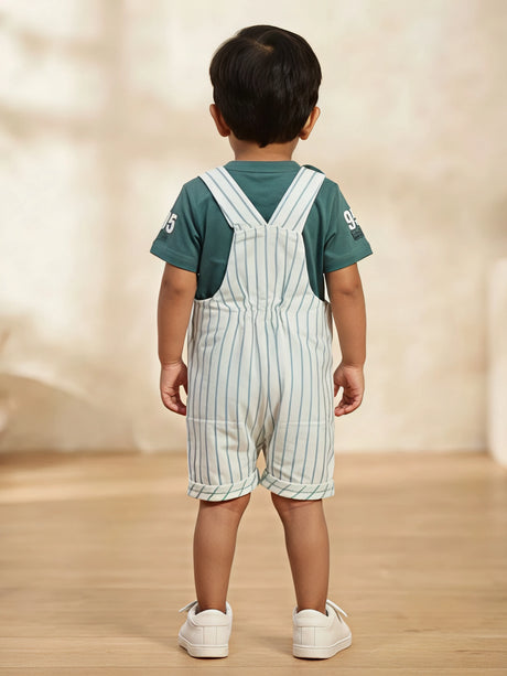 Infant Boys Green Striped Dungaree Set.