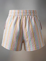 Girls Peach Striped Casual Cotton Shorts