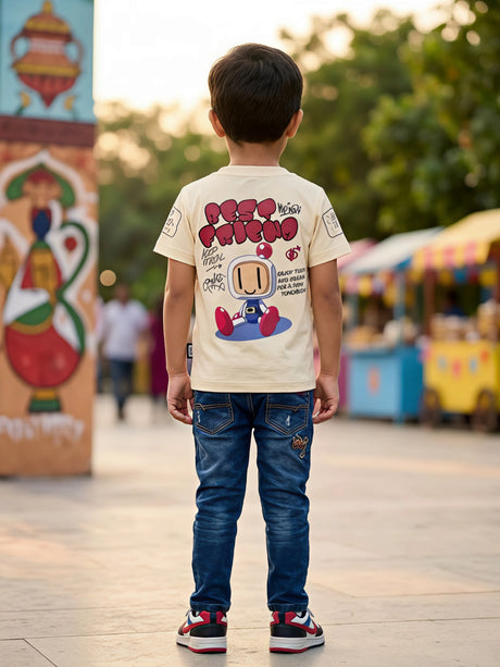 Boys Cream Graphic Print Cotton T-Shirt