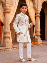Boys Cream Embroidered Sherwani Set with Trousers