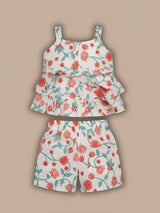 Girls Cream Floral Print Sleeveless Top & Shorts Co-ord Set