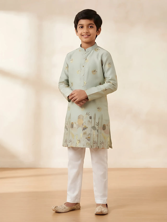 Boys green gold foil printed kurta with white pajama set