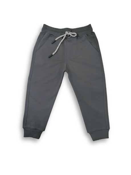 Boys' dark charcoal grey jogger pants with an elastic waist, cuffed ankles, and a visible speckled grey and white rope drawcord.

Export to Sheets