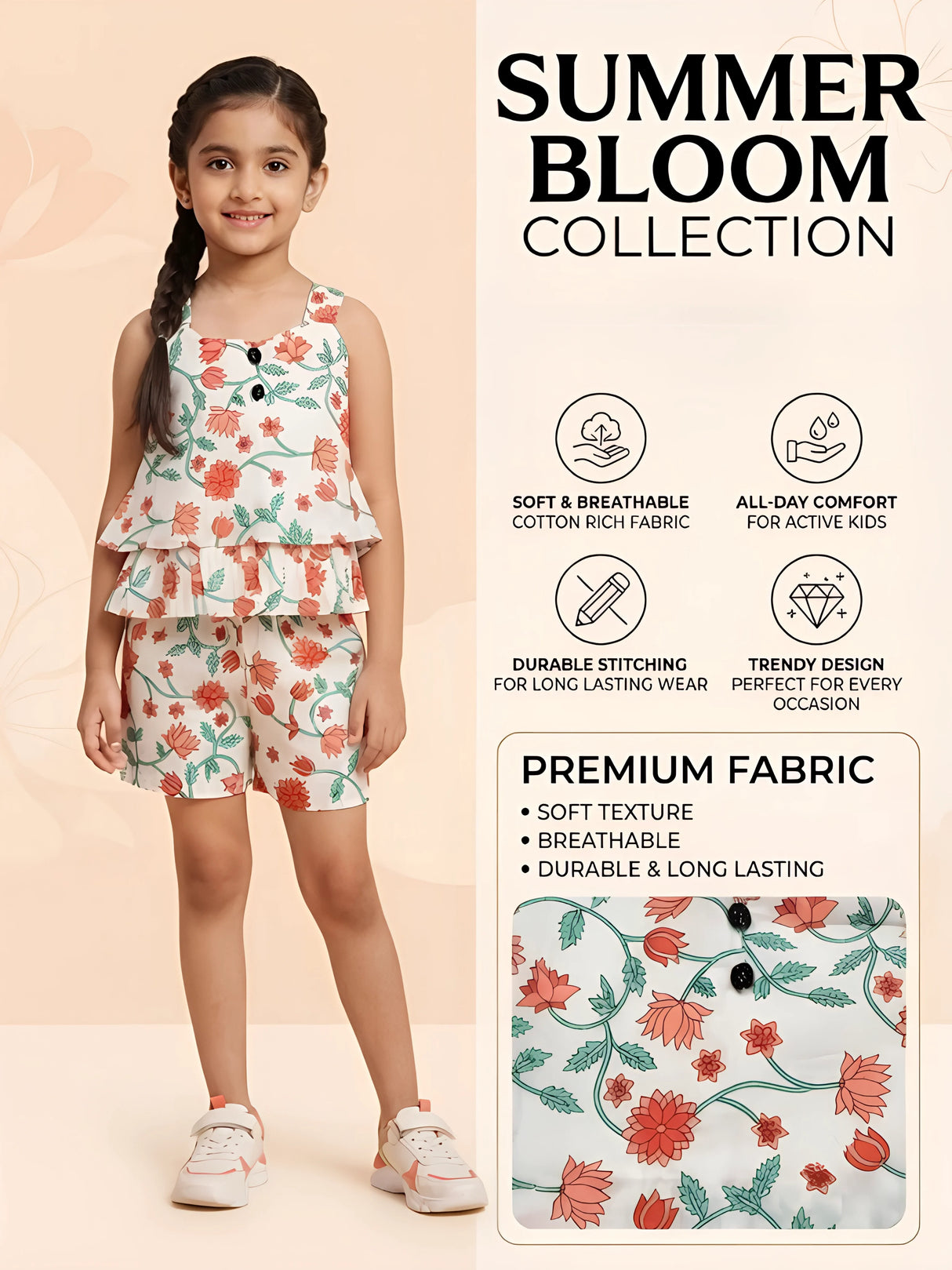 Girls Cream Floral Print Sleeveless Top & Shorts Co-ord Set
