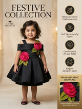 Girls Black Rose Applique Party Wear Frock.