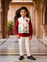 Boys Orange Floral Embroidered Waistcoat with Shirts & Trouser Set