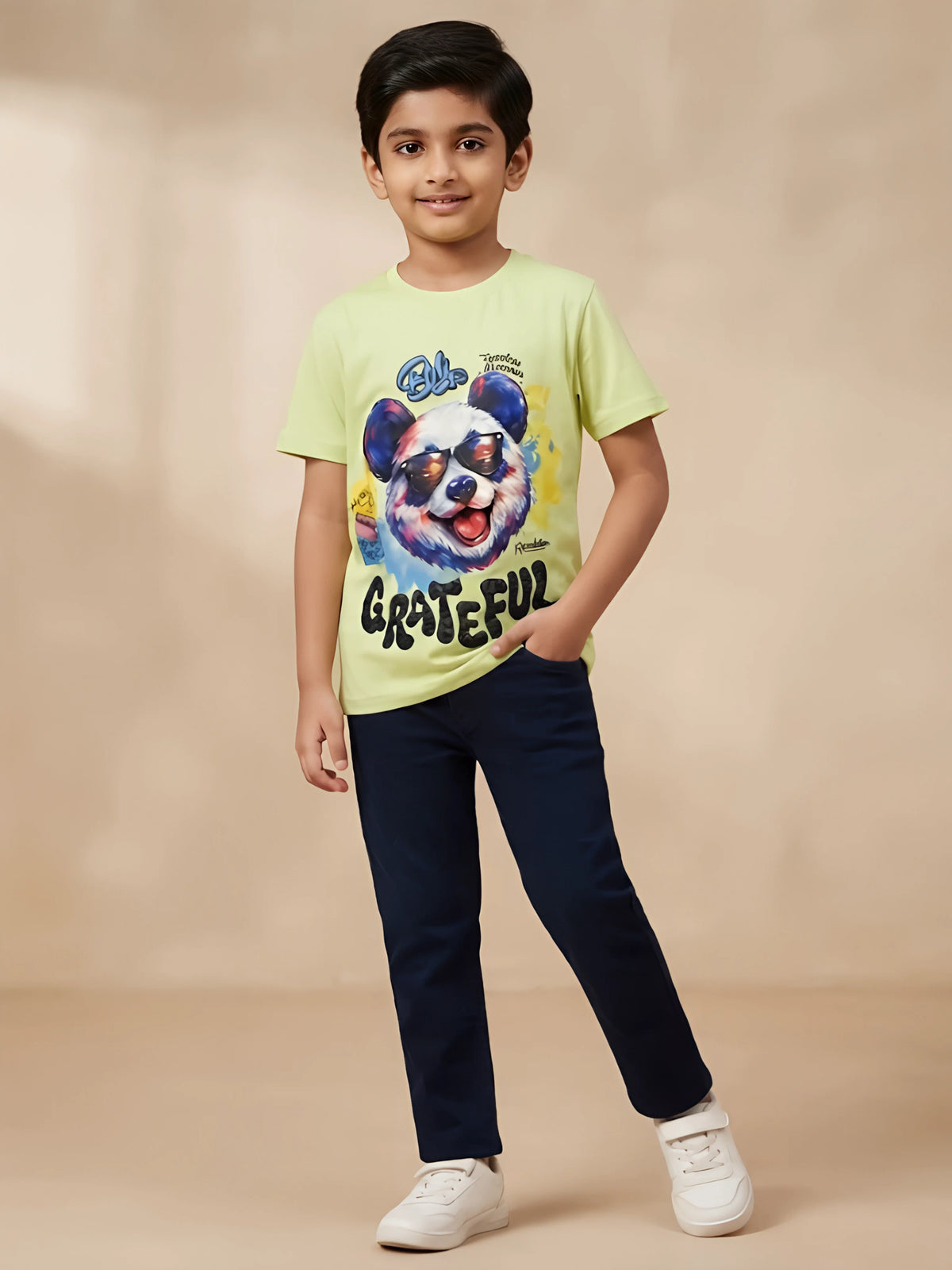 Light green graphic printed t-shirt for boys featuring a panda design.