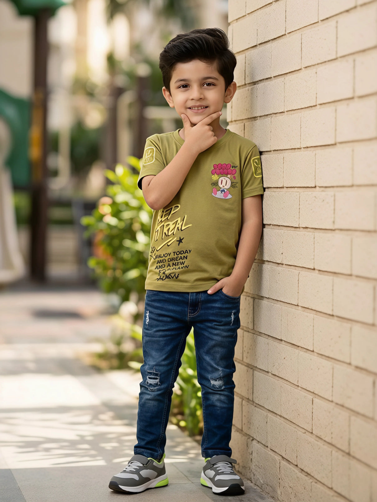 Boys Olive Green Graphic Print Cotton T-Shirt