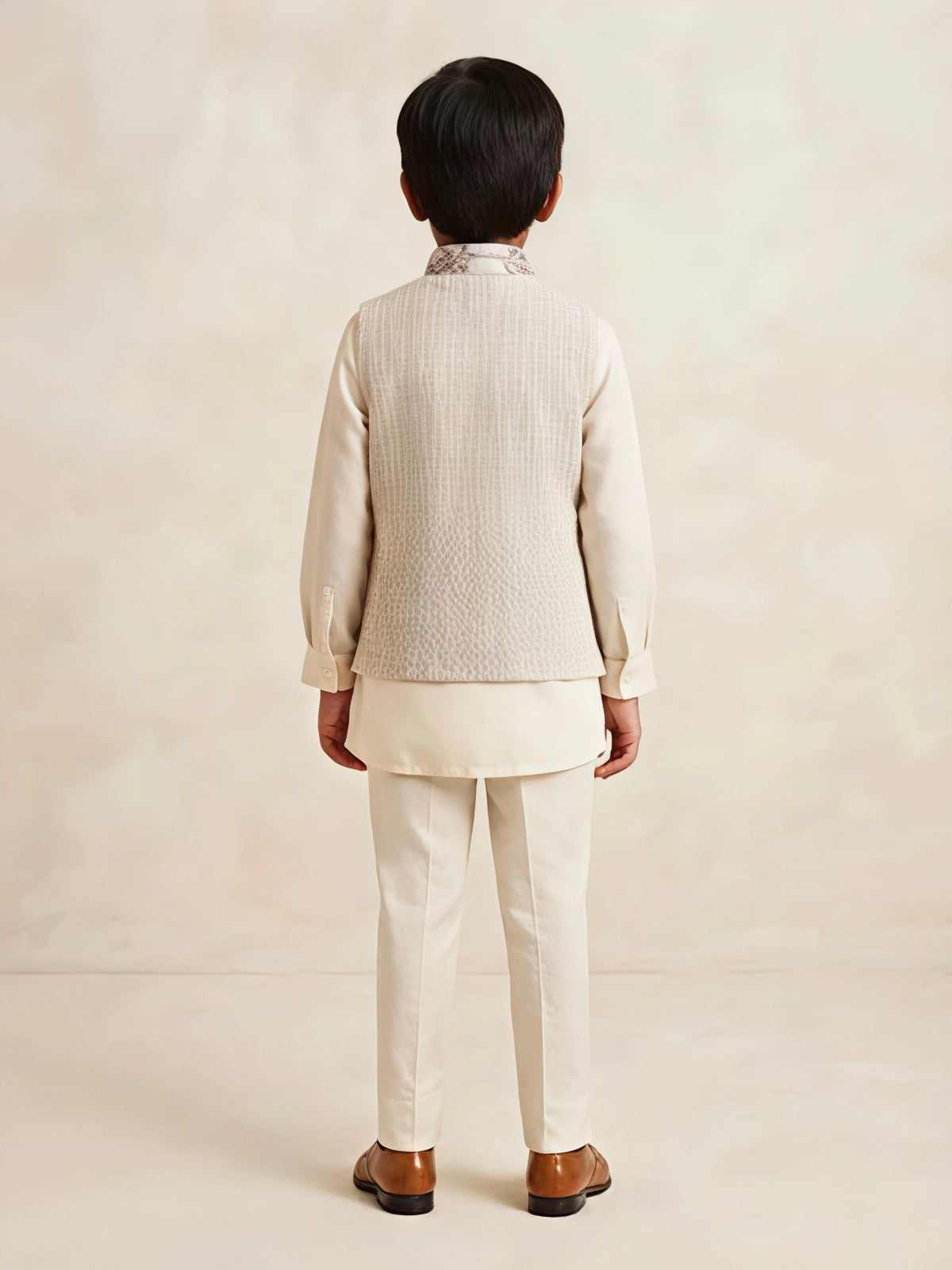 Boys Cream Printed Nehru Jacket Waistcoat Set