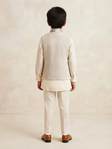 Boys Cream Printed Nehru Jacket Waistcoat Set