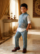 Boys Elegant Powder Blue Embroidered Waistcoat and Trouser Set with White Shirt
