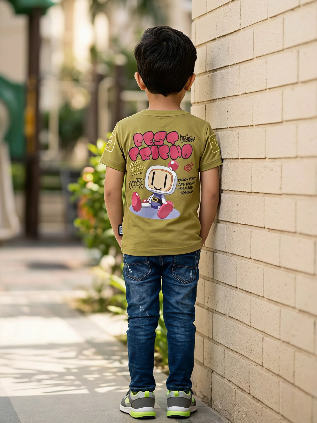 Boys Olive Green Graphic Print Cotton T-Shirt