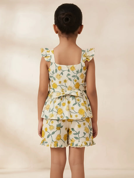 Girls Cream Floral Print Co-ord Set – Ruffled Sleeveless Top & Matching Shorts.