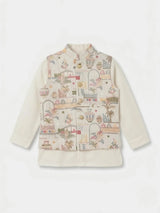 Boys Cream Printed Nehru Jacket Waistcoat Set