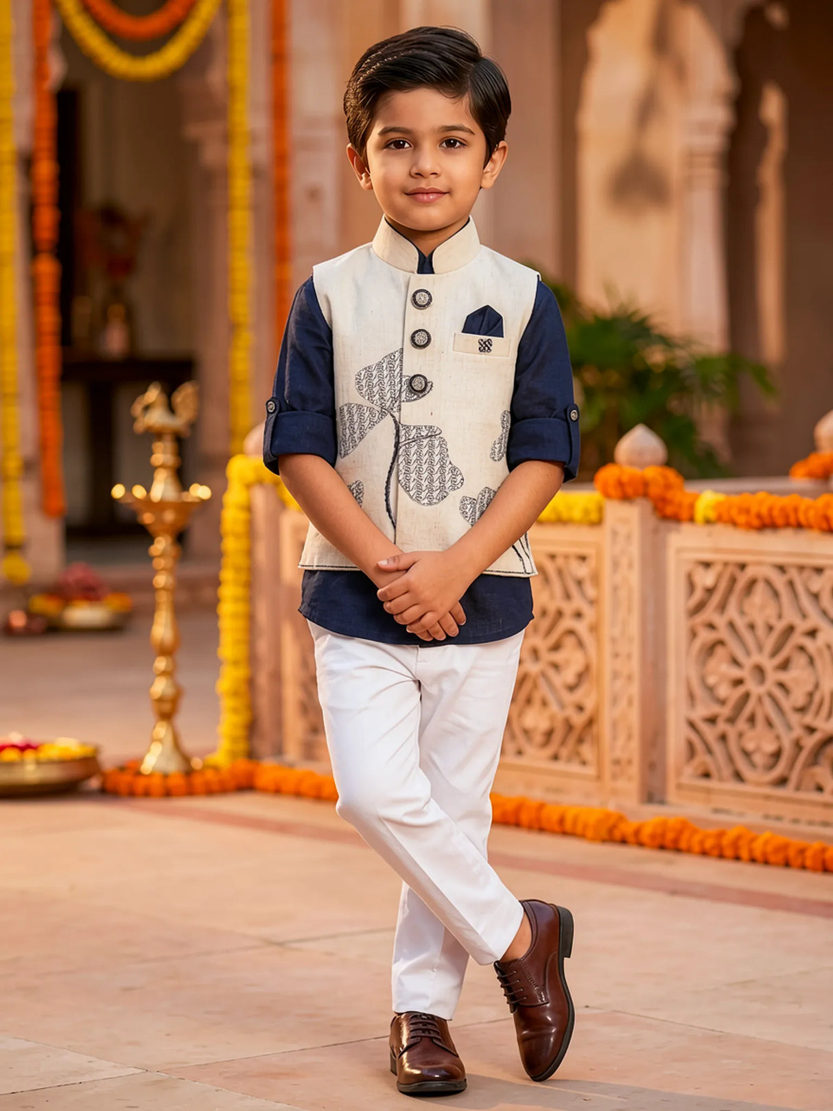 Boys Navy Blue Ethnic Shirts Set with Printed Nehru Jacket