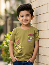 Boys Olive Green Graphic Print Cotton T-Shirt