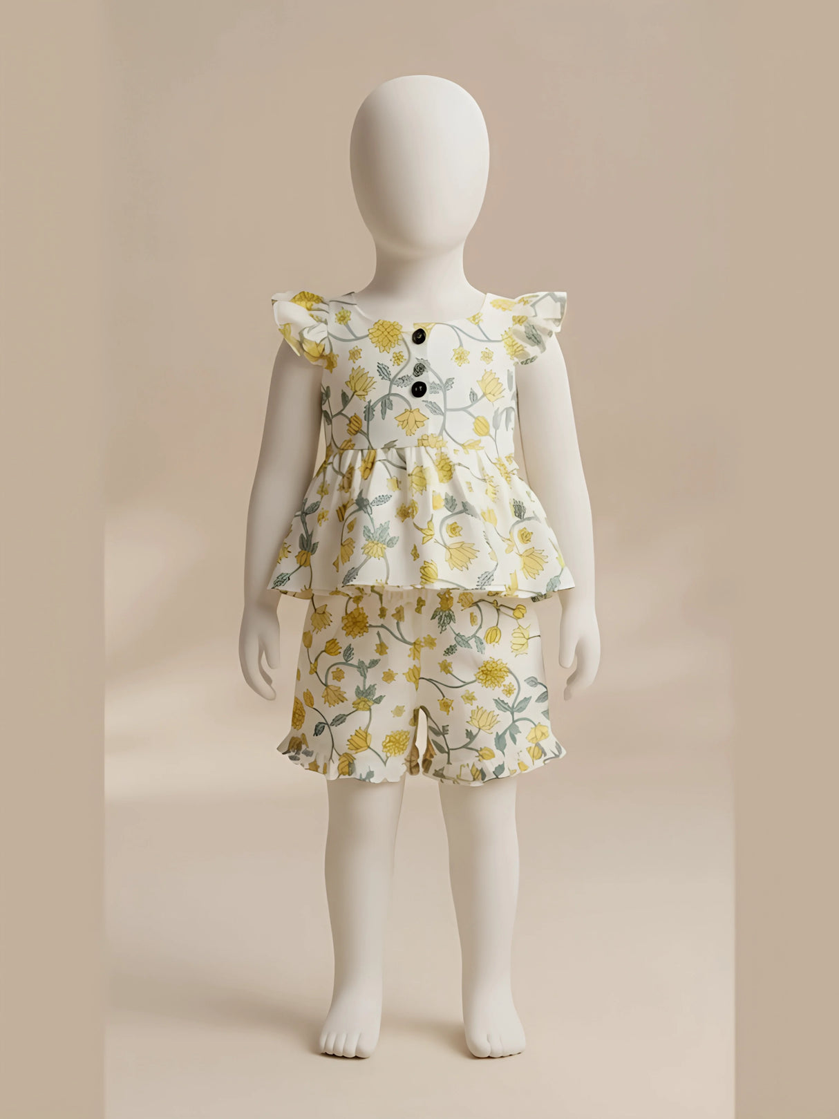 Girls Cream Floral Print Co-ord Set – Ruffled Sleeveless Top & Matching Shorts
