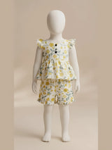 Girls Cream Floral Print Co-ord Set – Ruffled Sleeveless Top & Matching Shorts