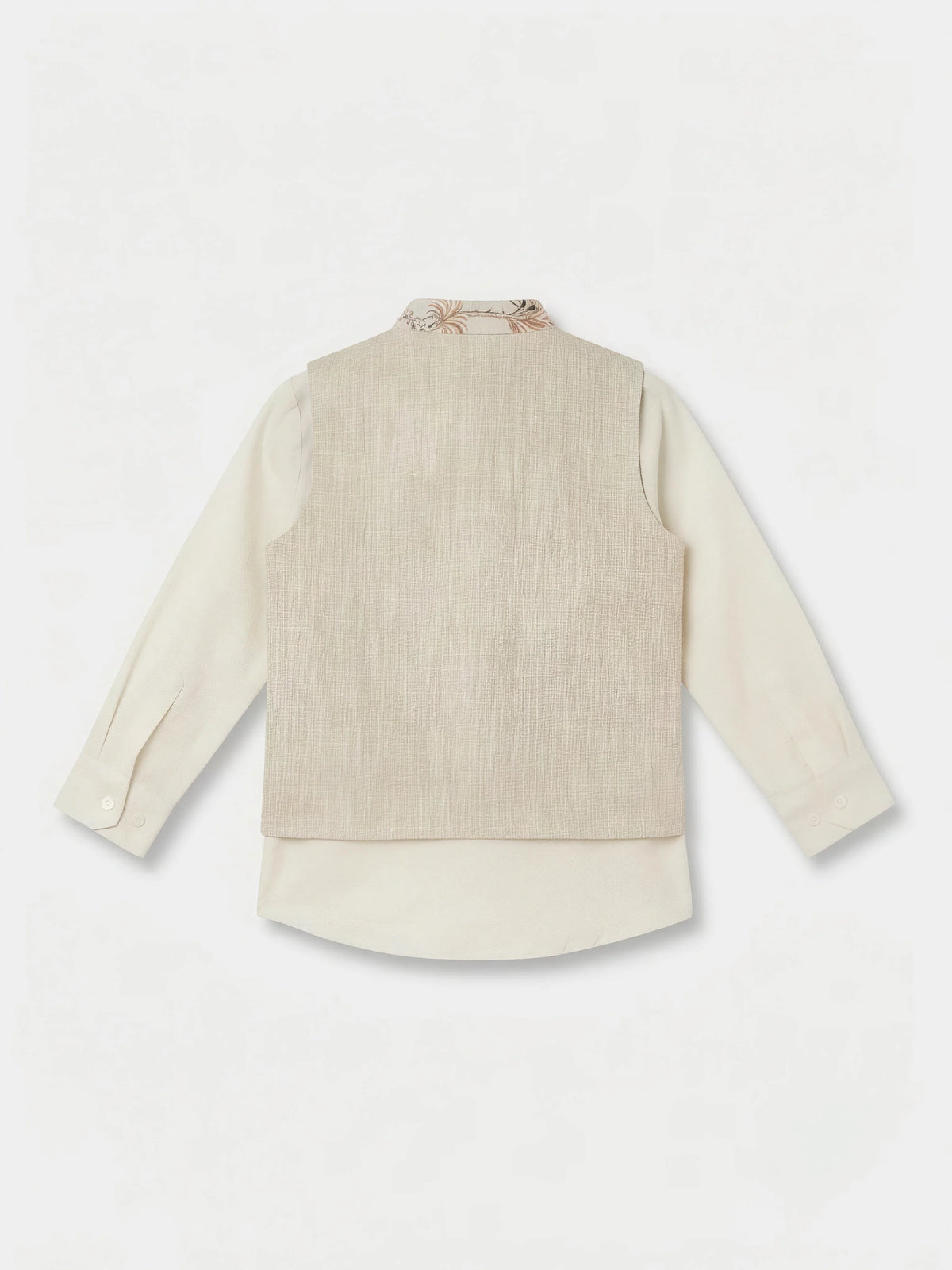 Boys Cream Printed Nehru Jacket Waistcoat Set