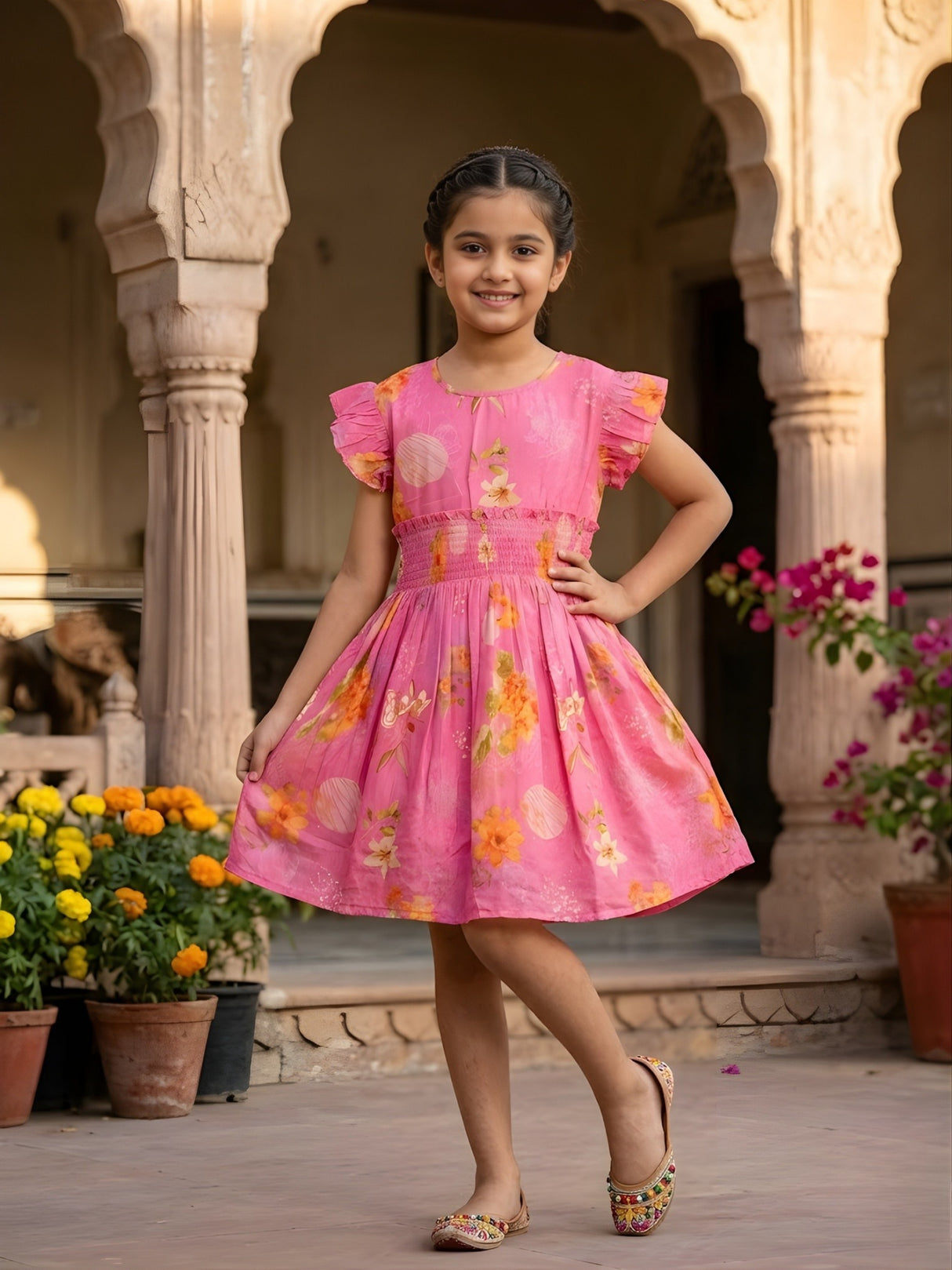 Young girl smiling in a bright pink floral print frock with smocked waist and flutter sleeves standing in front of traditional stone arches.