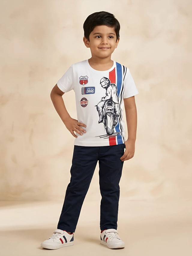 White round neck t-shirt for boys featuring a biker graphic print and color stripes.