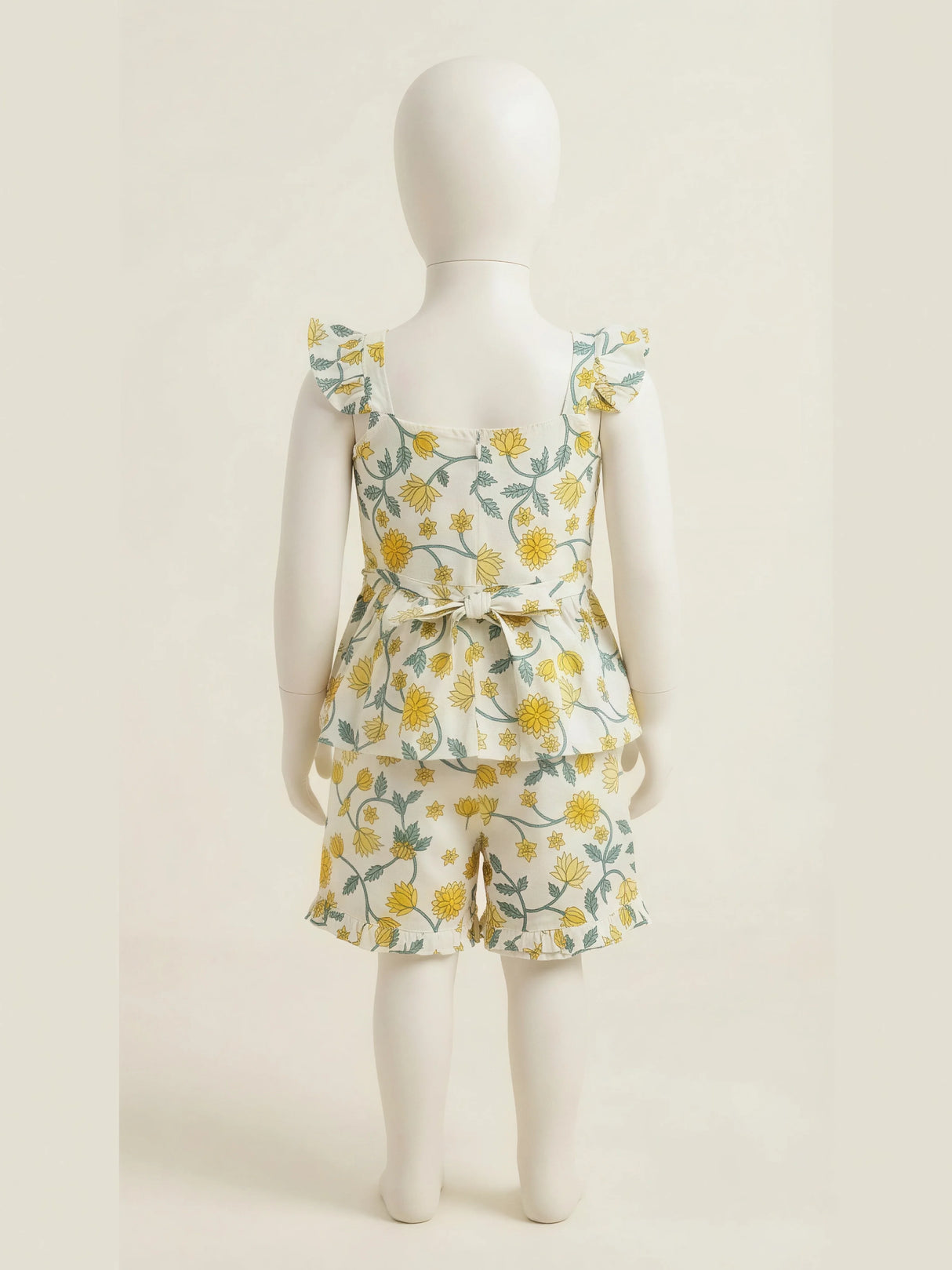 Girls Cream Floral Print Co-ord Set – Ruffled Sleeveless Top & Matching Shorts