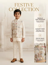 Boys Cream Printed Nehru Jacket Waistcoat Set