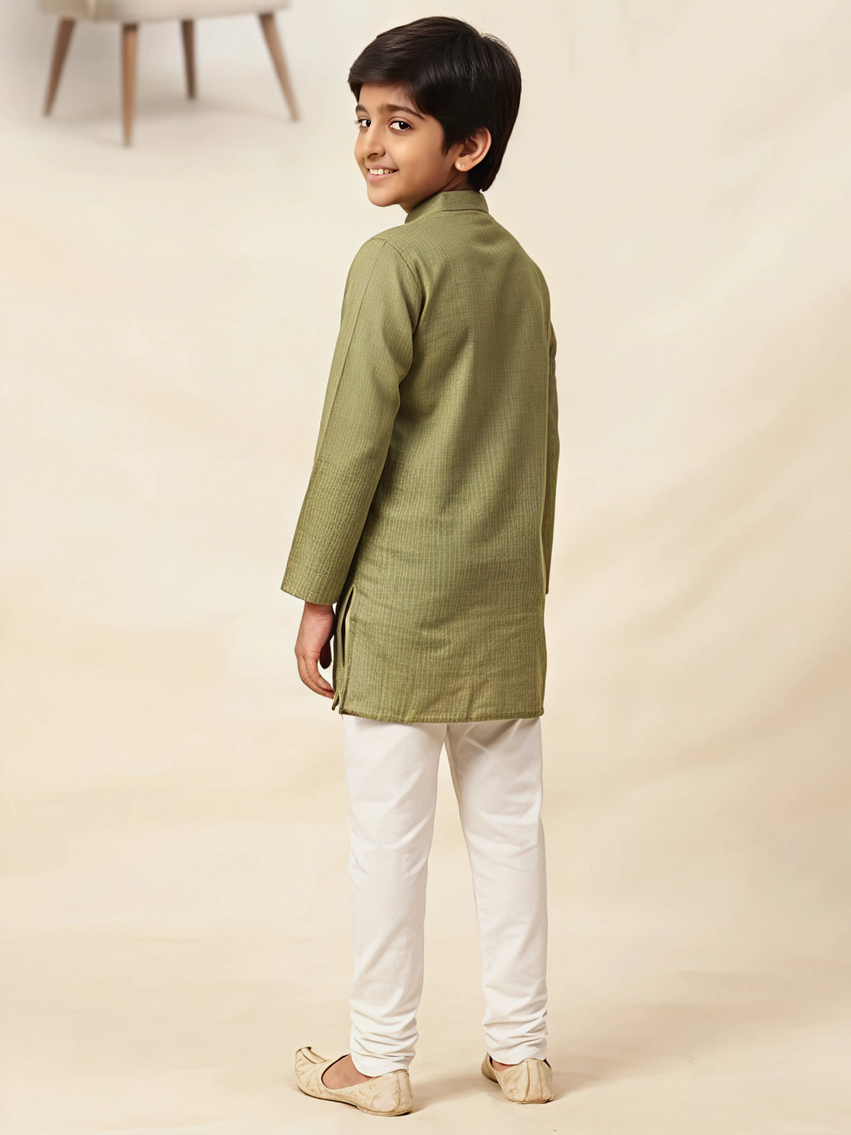 Green Solid Cotton Linen Kurta Pajama Set for Boys