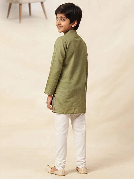 Green Solid Cotton Linen Kurta Pajama Set for Boys