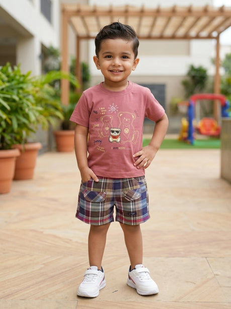 Boys Pink Teddy Graphic T-Shirt & Plaid Shorts Coord Set