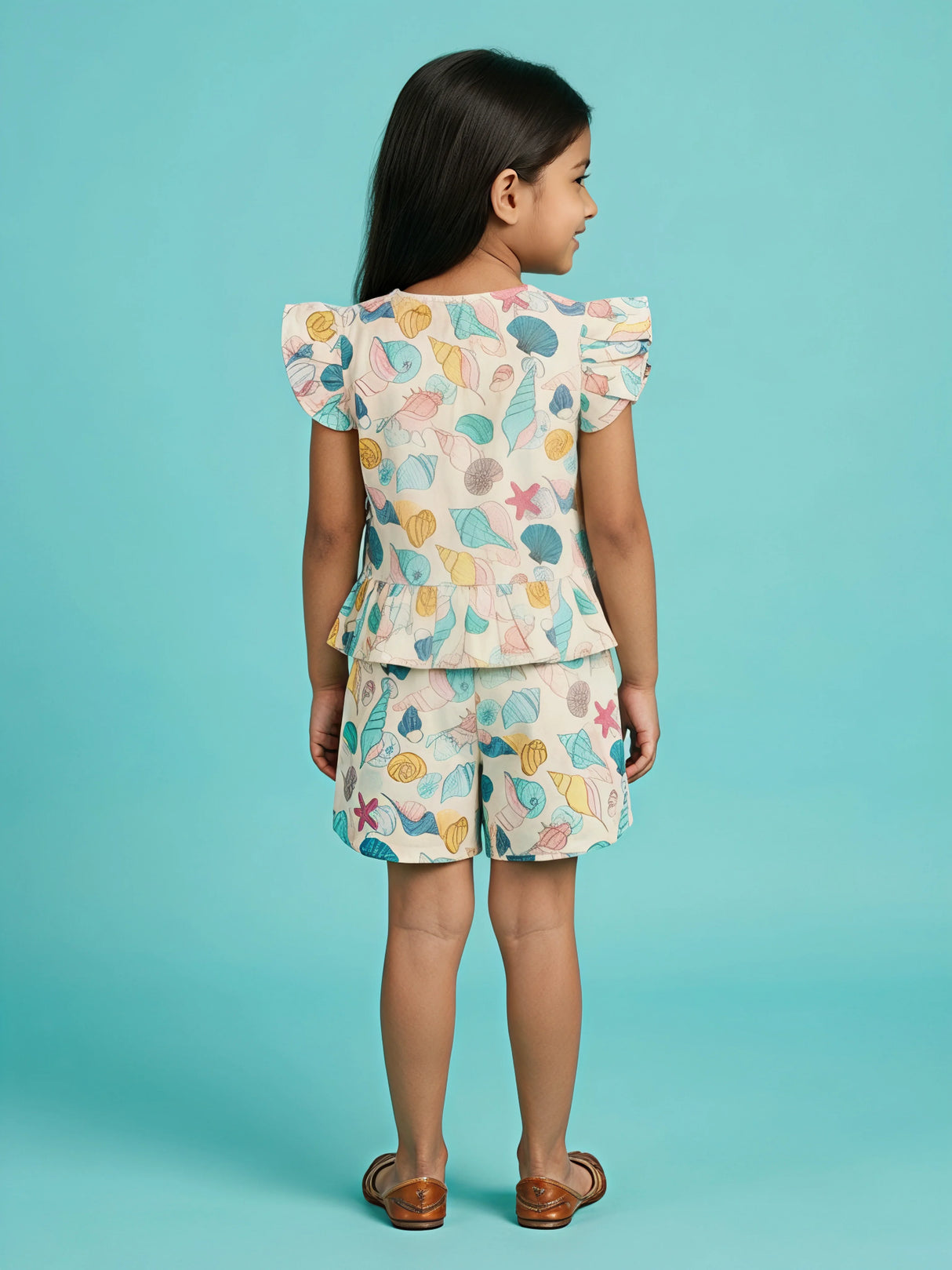 Girls Mint Green Sea Shell Printed Shorts Set.