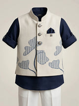 Boys Navy Blue Ethnic Shirts Set with Printed Nehru Jacket