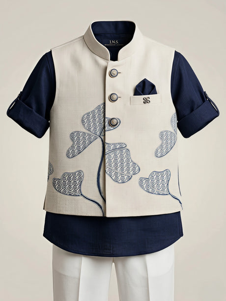 Boys Navy Blue Ethnic Shirts Set with Printed Nehru Jacket
