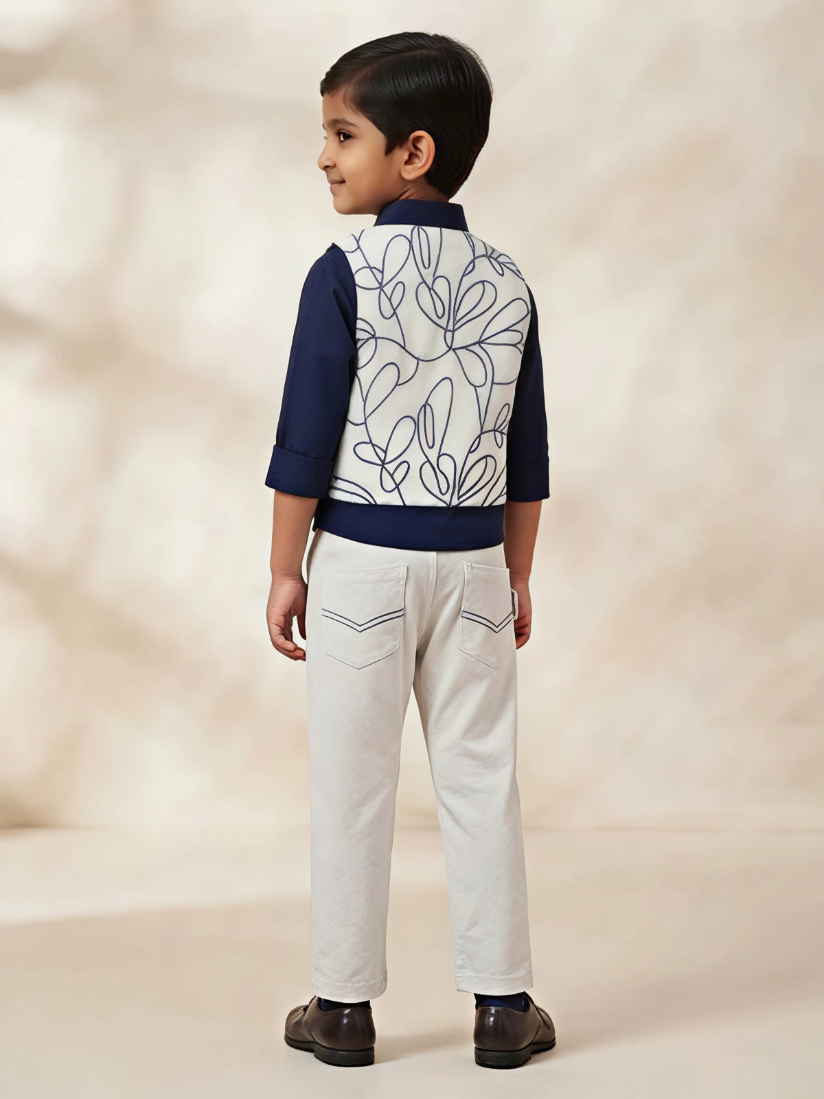 Boys Navy Blue Waistcoat Set with Embroidered Vest