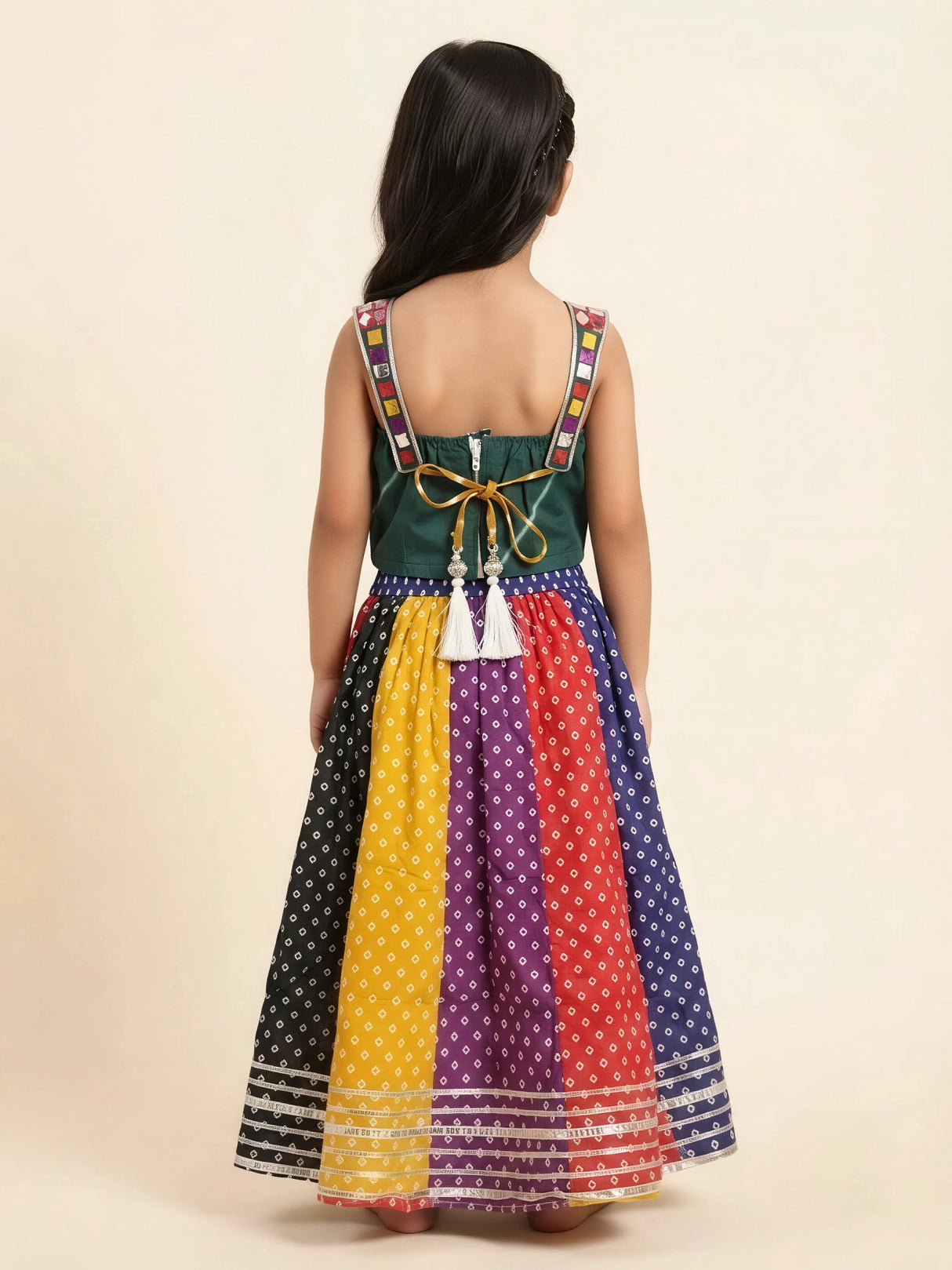 Girls Green Mirror Work Choli with Multi-Color Bandhani Lehenga Set