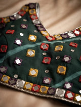 Girls Green Mirror Work Choli with Multi-Color Bandhani Lehenga Set