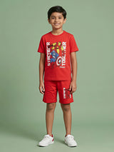 Boys Red Superhero Graphic T-Shirt and Shorts Co-ord Set