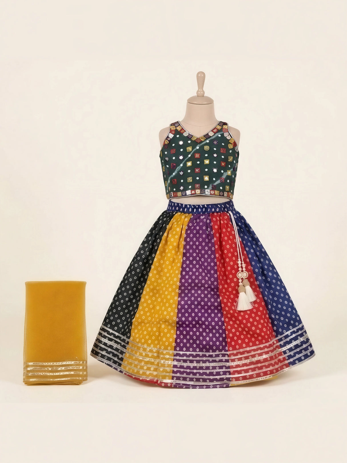 Girls Green Mirror Work Choli with Multi-Color Bandhani Lehenga Set