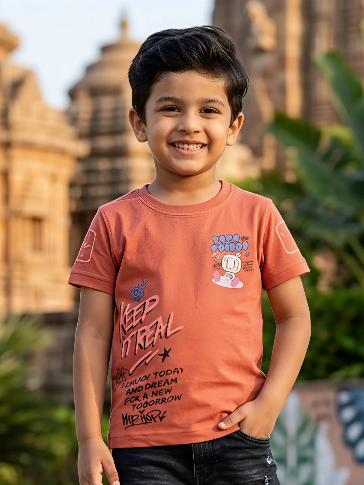 Boys Orange Graphic Cotton T-Shirt - "Keep It Real"