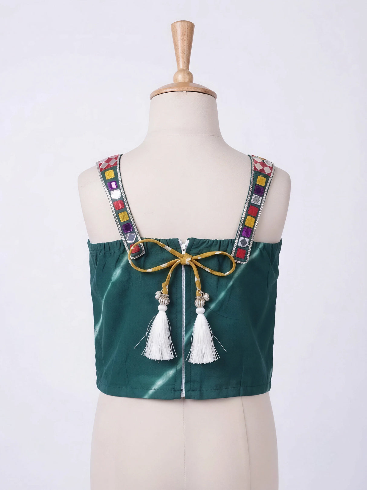Girls Green Mirror Work Choli with Multi-Color Bandhani Lehenga Set