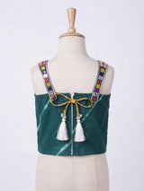 Girls Green Mirror Work Choli with Multi-Color Bandhani Lehenga Set