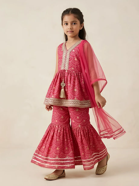 Girls rani pink sleeveless printed kurti and flared sharara set with embroidery and matching dupatta