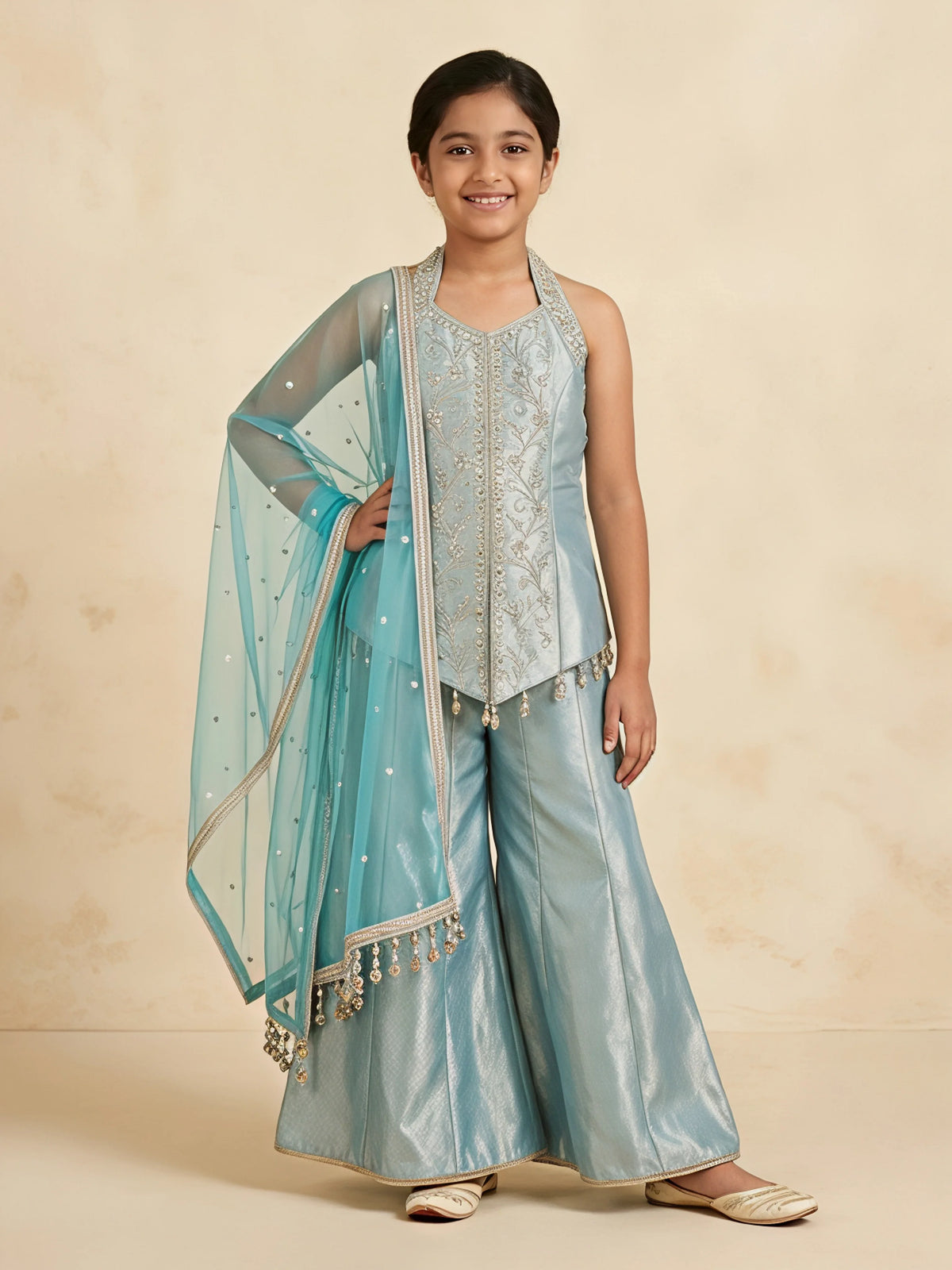 Girls sea green embroidered halter-neck kurti with flared palazzo pants and sheer embellished dupatta