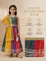 Girls Green Mirror Work Choli with Multi-Color Bandhani Lehenga Set